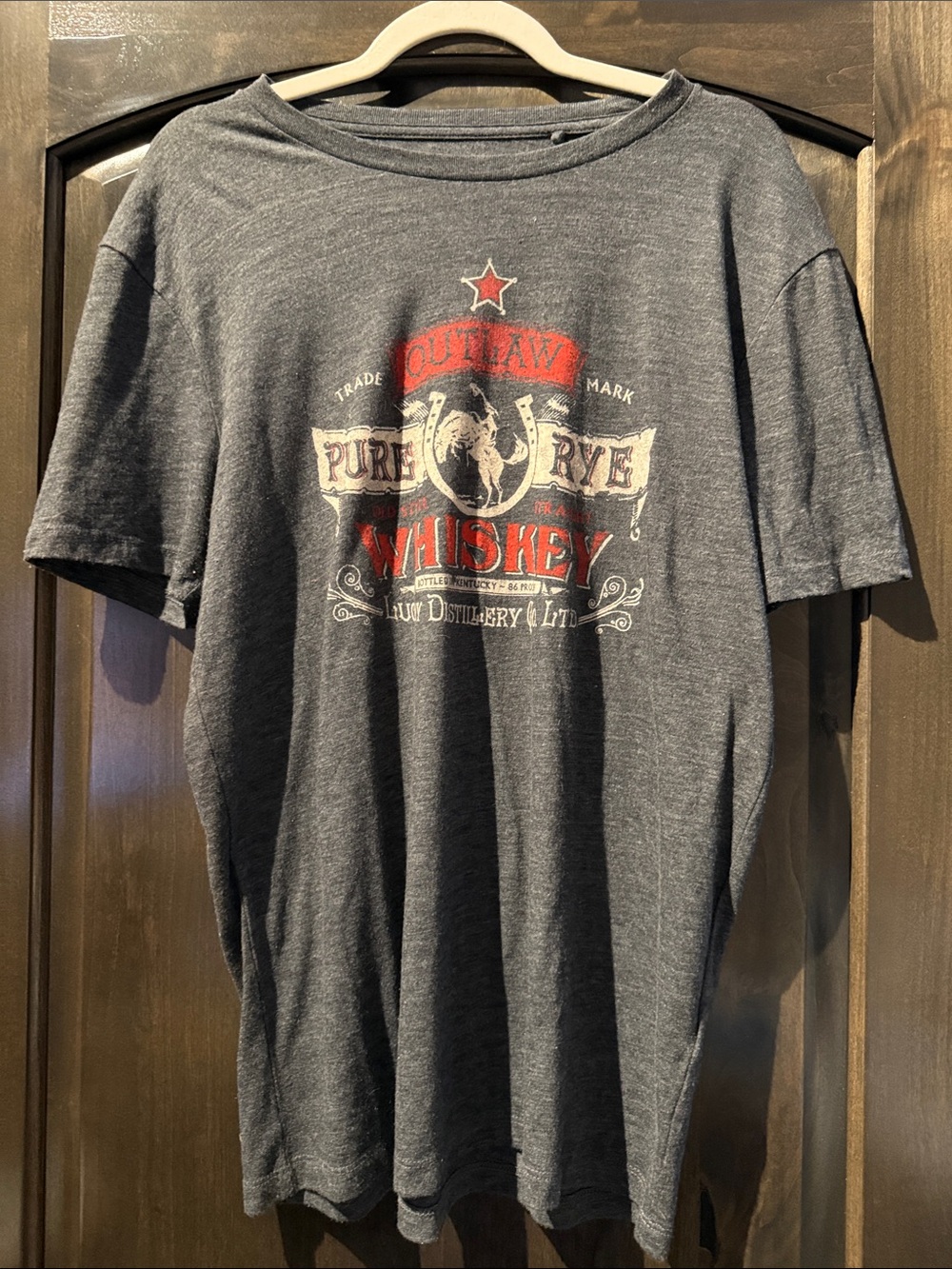 Lucky Brand Outlaw Whiskey Graphic Tee - Charcoal Gray with Red Accent